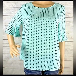 ELLE Teal Black Polka Dots Ruffle Bell Sleeve High Neck Poly Top Blouse Large